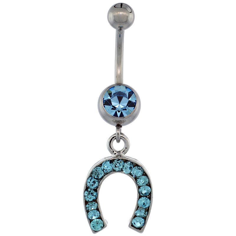 Surgical Steel Barbell Horse Shoe Belly Button Ring w/ Blue Crystals, 1 1/16 inch