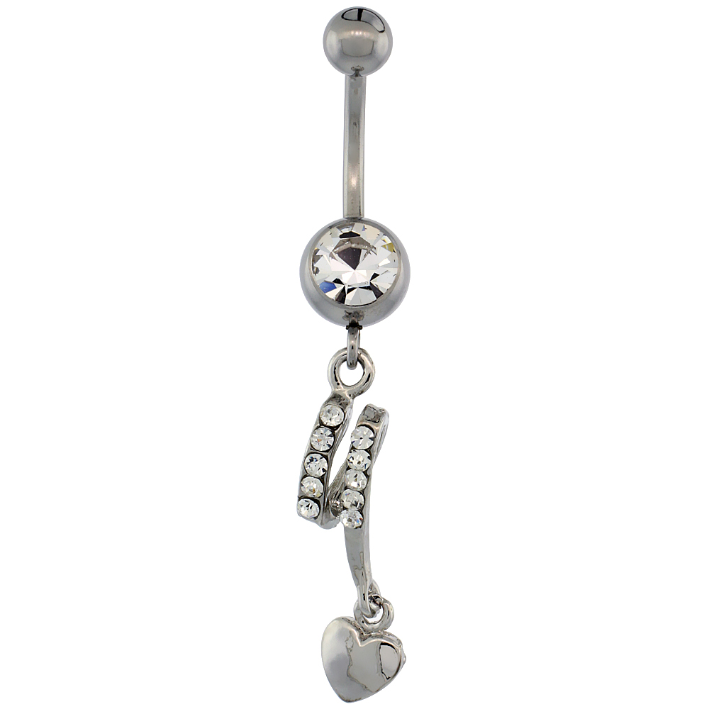 Surgical Steel Barbell Dangle Heart Belly Button Ring w/ Crystals, 1 3/8 inch
