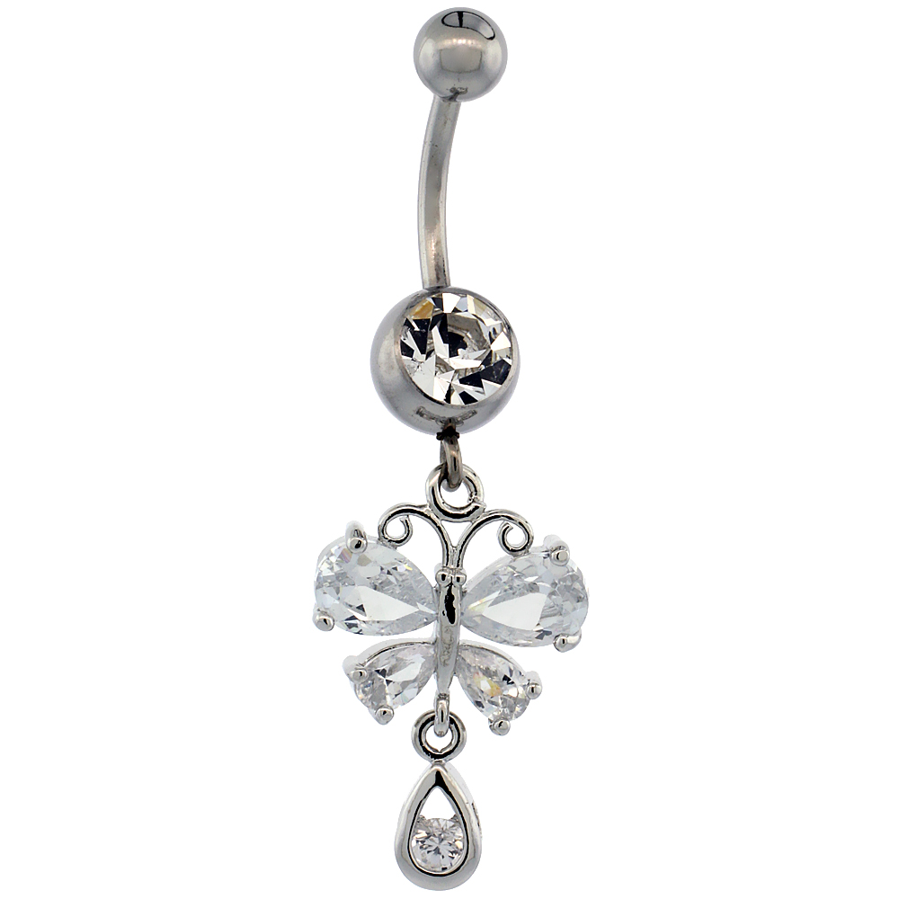Surgical Steel Barbell Butterfly Belly Button Ring w/ Crystals, 1 1/4 inch