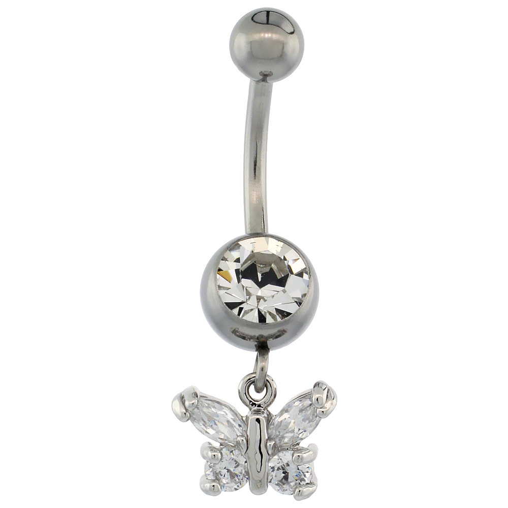 Surgical Steel Barbell Butterfly Belly Button Ring w/ Crystals, 3/4 inch