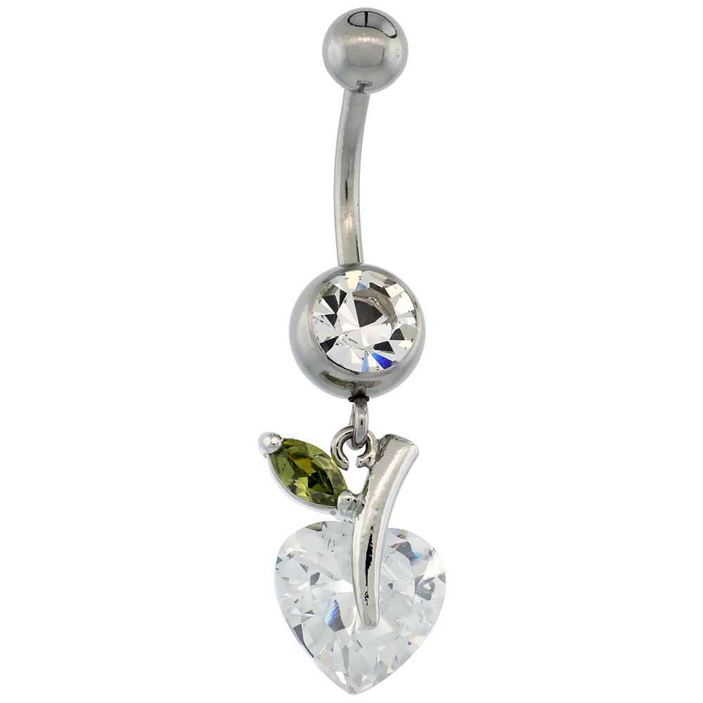 Surgical Steel Barbell Heart-shaped Apple Belly Button Ring w/ Crystals, 1 inch
