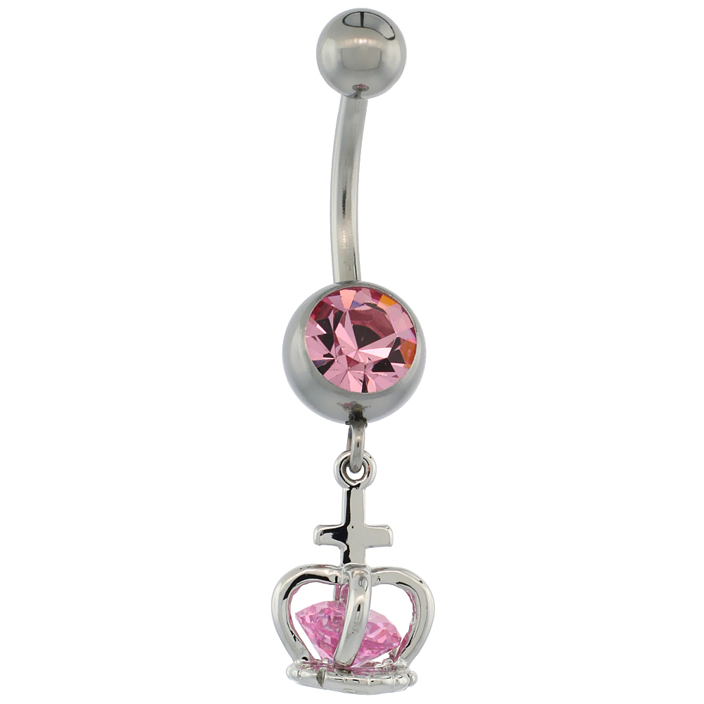 Surgical Steel Barbell King Crown Belly Button Ring w/ Pink Crystals, 7/8 inch