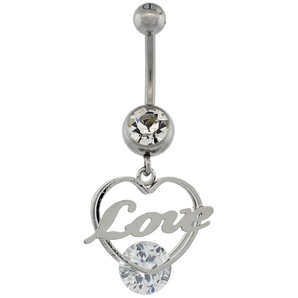 Surgical Steel Barbell Love / Heart Belly Button Ring w/ Crystals, 1 1/8 inch