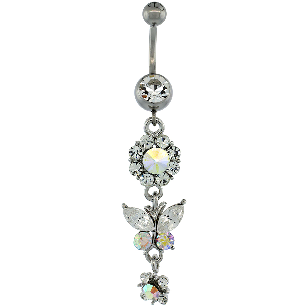 Surgical Steel Barbell Dangle Flower &amp; Butterfly Belly Button Ring w/ Crystals, 2 5/16 inch
