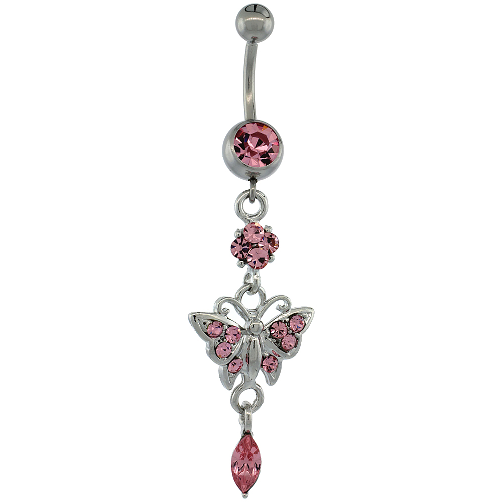 Surgical Steel Barbell Dangle Butterfly Belly Button Ring w/ Pink Crystals, 2 5/16 inch