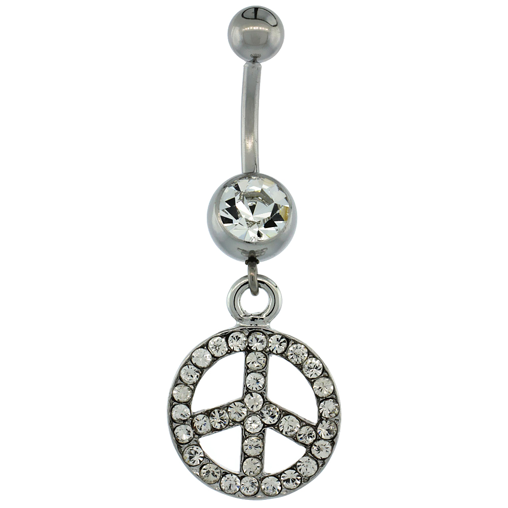 Surgical Steel Barbell Dangle Peace Sign Belly Button Ring w/ Crystals, 1 1/2 inch