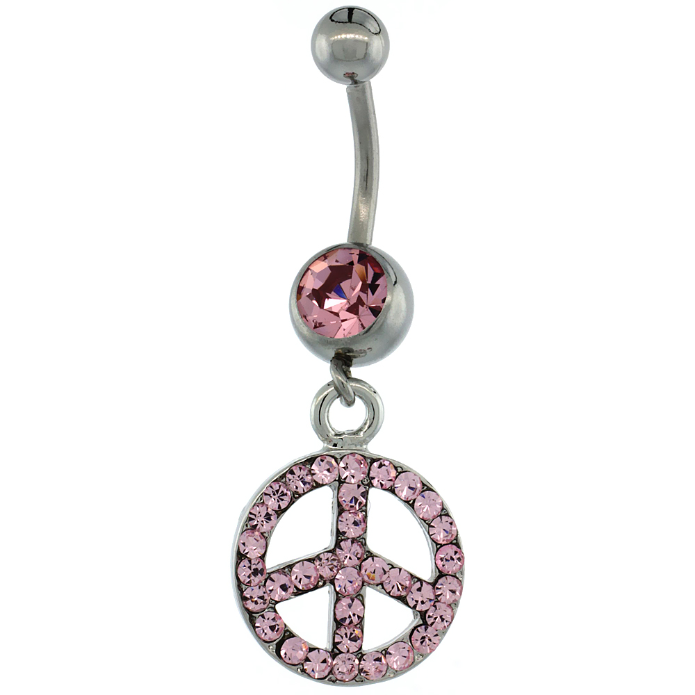 Surgical Steel Barbell Dangle Peace Sign Belly Button Ring w/ Pink Crystals, 1 1/2 inch