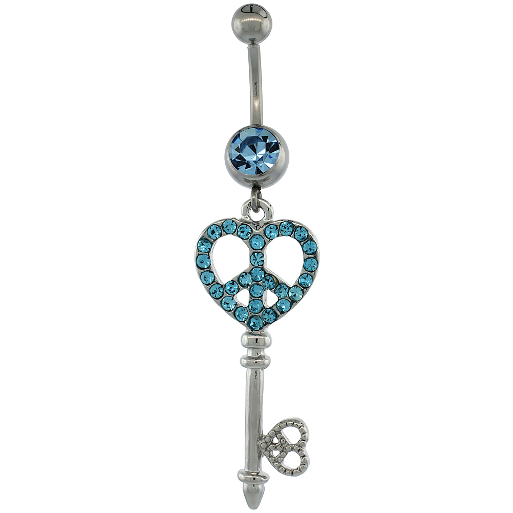 Surgical Steel Barbell Dangle KEY Peace Sign Belly Button Ring w/ Blue Crystals, 2 5/16 inch