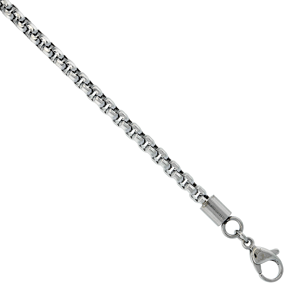 Surgical Steel 3.6 mm Round Box Chain Necklace, sizes 18, 20, 22 and 24 inch