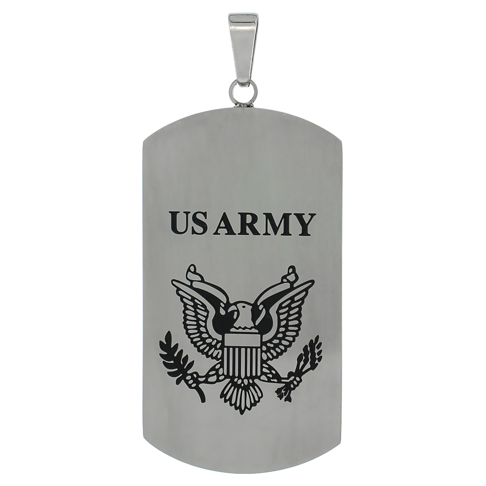 Stainless Steel US Army Dog Tag Pendant, 1 3/4 x 15/16 inch (43mm x 24 mm), w/ 30 in. 2 mm Ball Chain