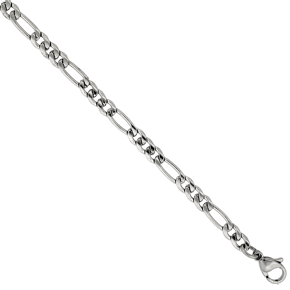 Stainless Steel Figaro Chain Necklace 4.5 mm, sizes 18, 20, 22, 24 & 30 inch 
