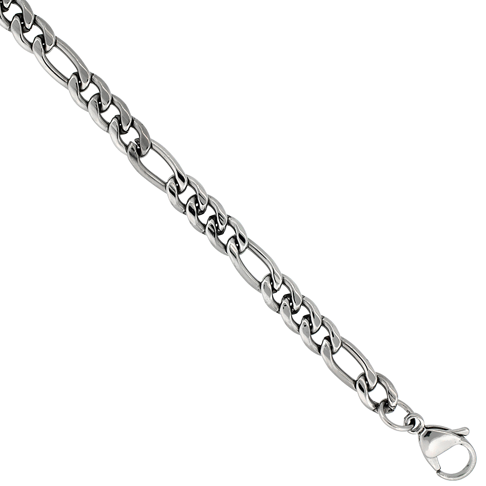 Stainless Steel Figaro Chain Necklace 6 mm wide, sizes 20, 22, 24 & 30 inch 
