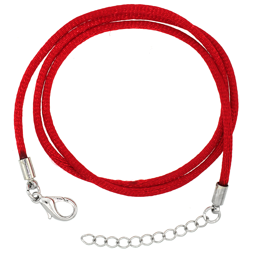 Jewelry Red Silk Cord Chain Necklace Stainless Steel Lobster Clasp, sizes 16 & 18 + 1 inch extension
