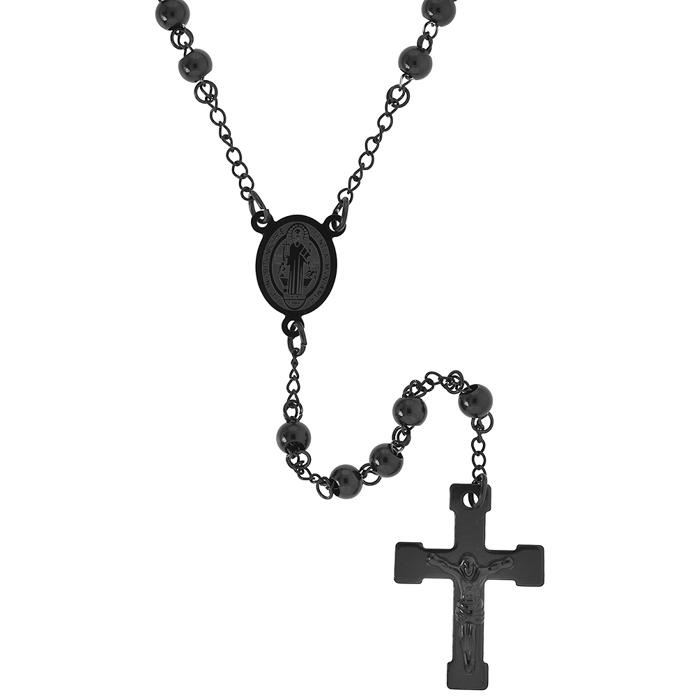 Stainless Steel 30 inch Rosary Necklace w/ 6mm Beads, Black Finish
