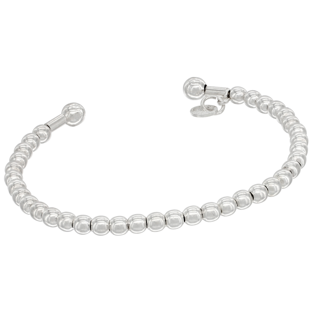 STERLING SILVER FLEXIBLE CUFF 3MM BEAD BRACELET FOR WOMEN ITALY