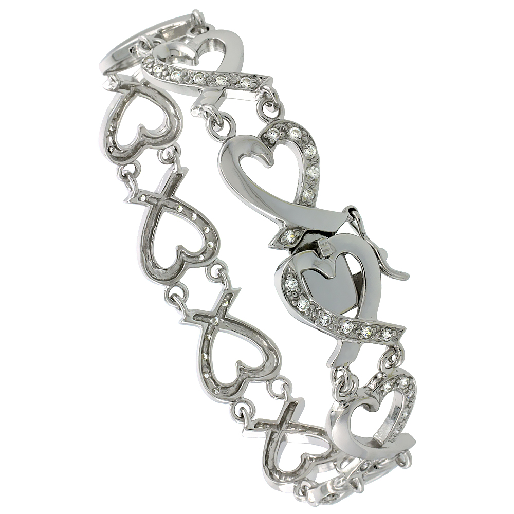 Sterling Silver Tennis Bracelet Cubic Zirconia Stones in Heart Shape, Rhodium Finish, with Hidden safety clasp, 7 inches