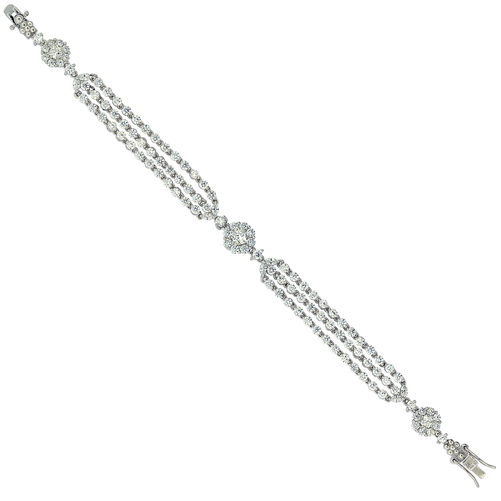 Sterling Silver Tennis Bracelet Cubic Zirconia Stones 3-row Rhodium Finish, 7 inches long