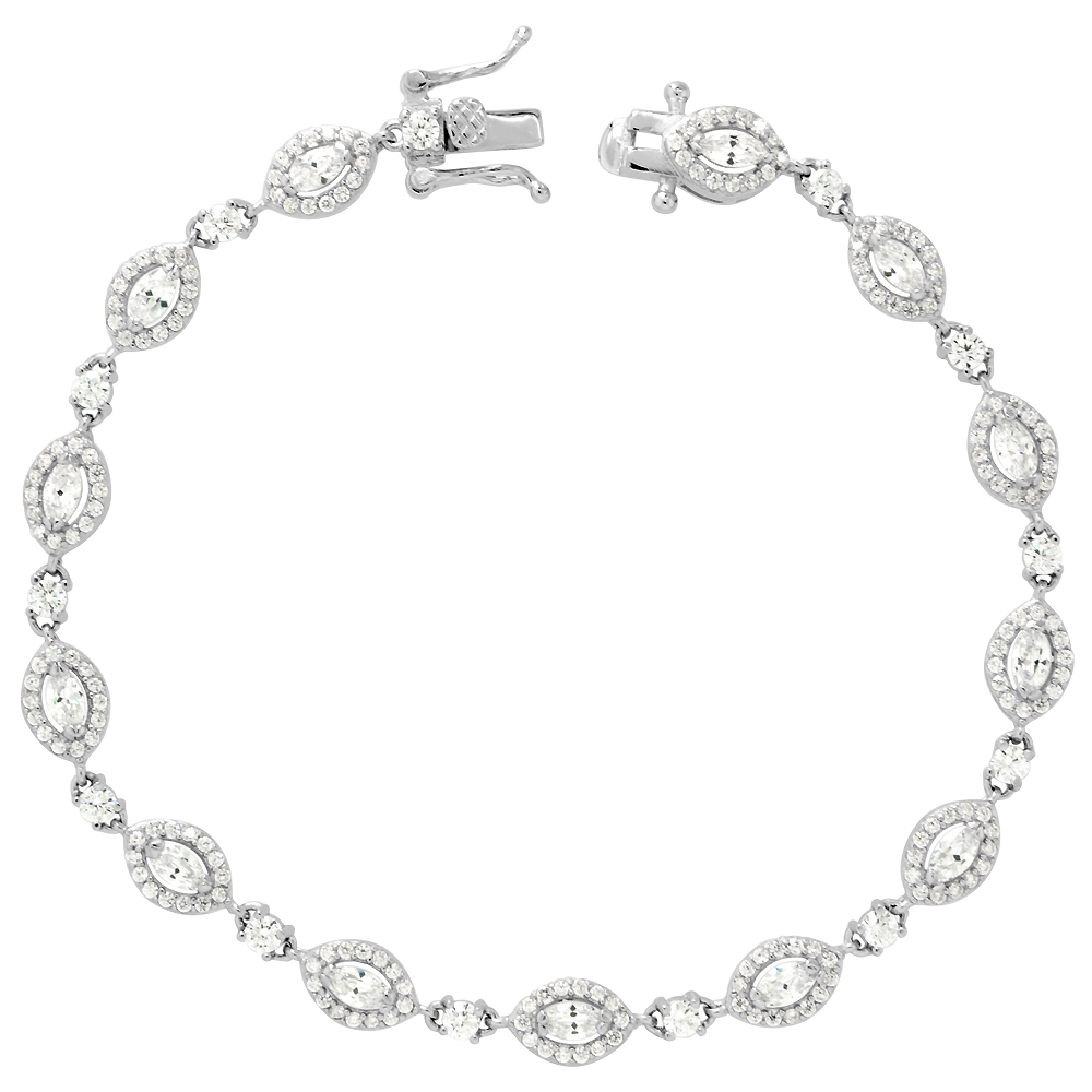 Sterling Silver Cubic Zirconia Halo Marquise Tennis Bracelet Rhodium Finish, 7.5 inch long