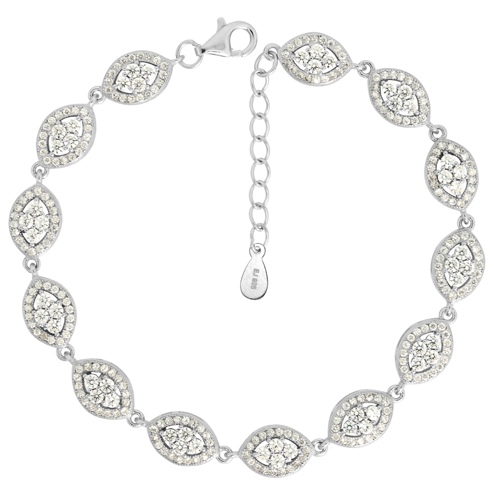 Sterling Silver Cubic Zirconia Halo Marquise Tennis Bracelet Rhodium Finish,7 inch long + 1 in extension
