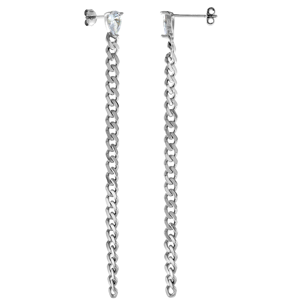 3 inch Long Sterling Silver Link Chain Drop Earrings for Women 6x4mm Pear CZ Post Stud Rhodium Finish