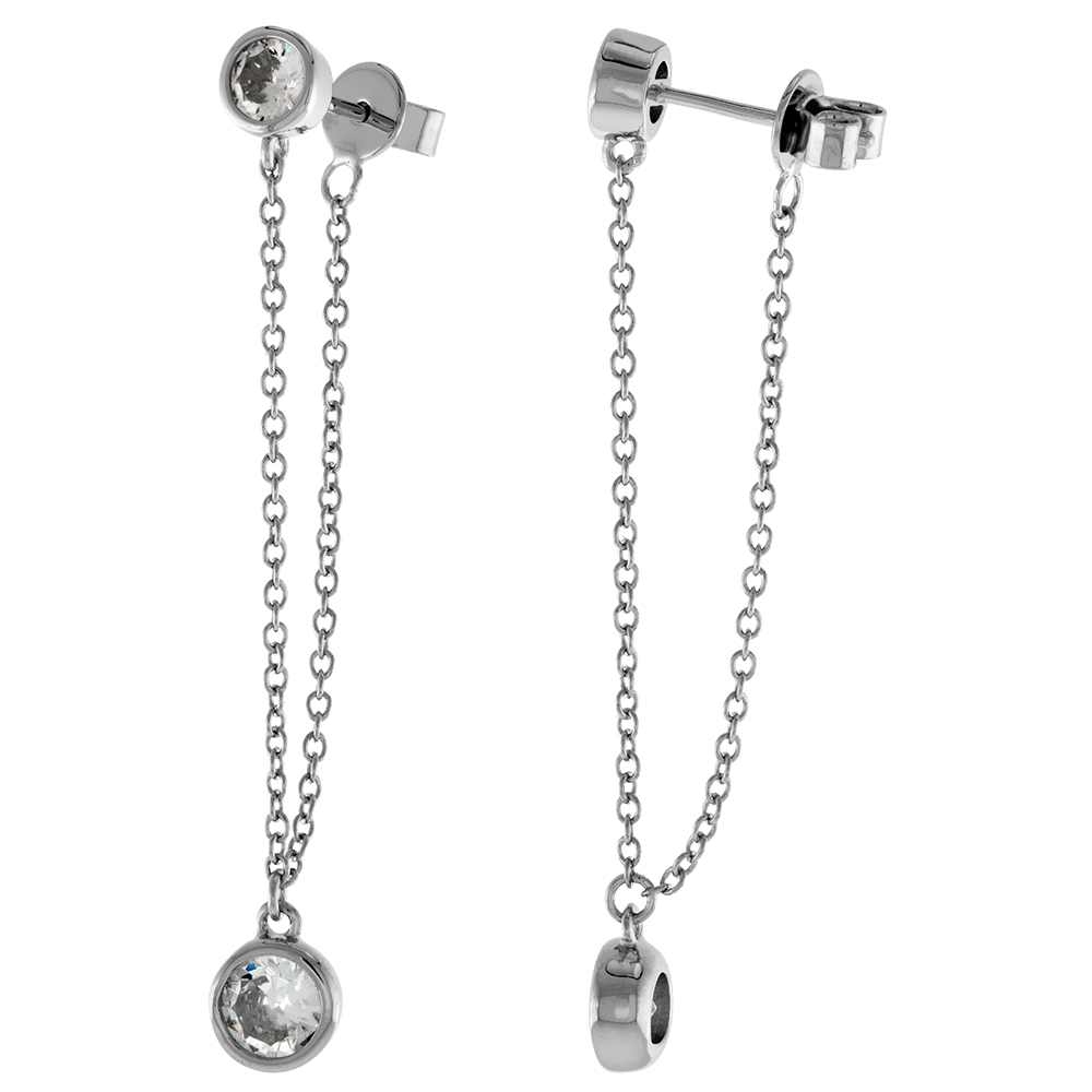 2 inch Long Sterling Silver Dangling CZ Stud Chain Earrings for Women with Bezel set 5 and 6mm Stones Rhodium Plated