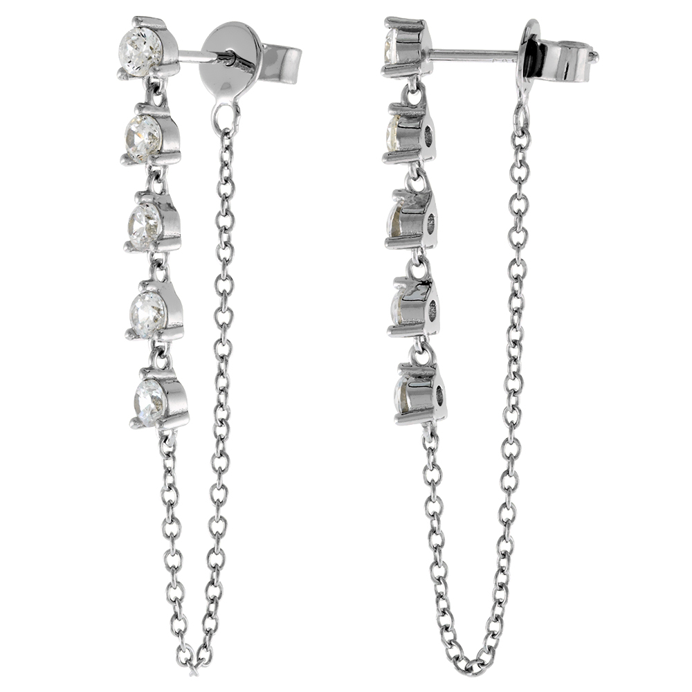 1.75 inch Long Sterling Silver 5-Stone Dangling CZ Stud Chain Earrings for Women Rhodium Plated