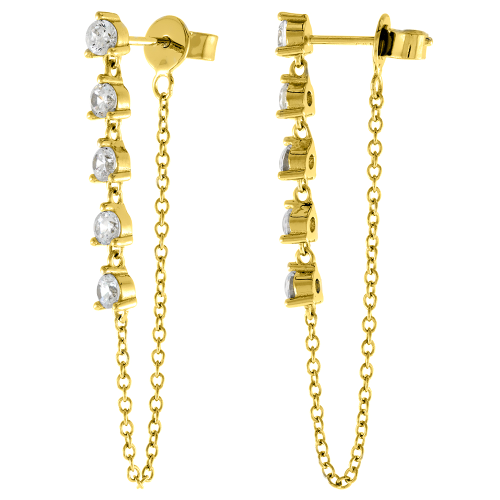1.75 inch Long Sterling Silver 5-Stone Dangling CZ Stud Chain Earrings for Women Gold Plated