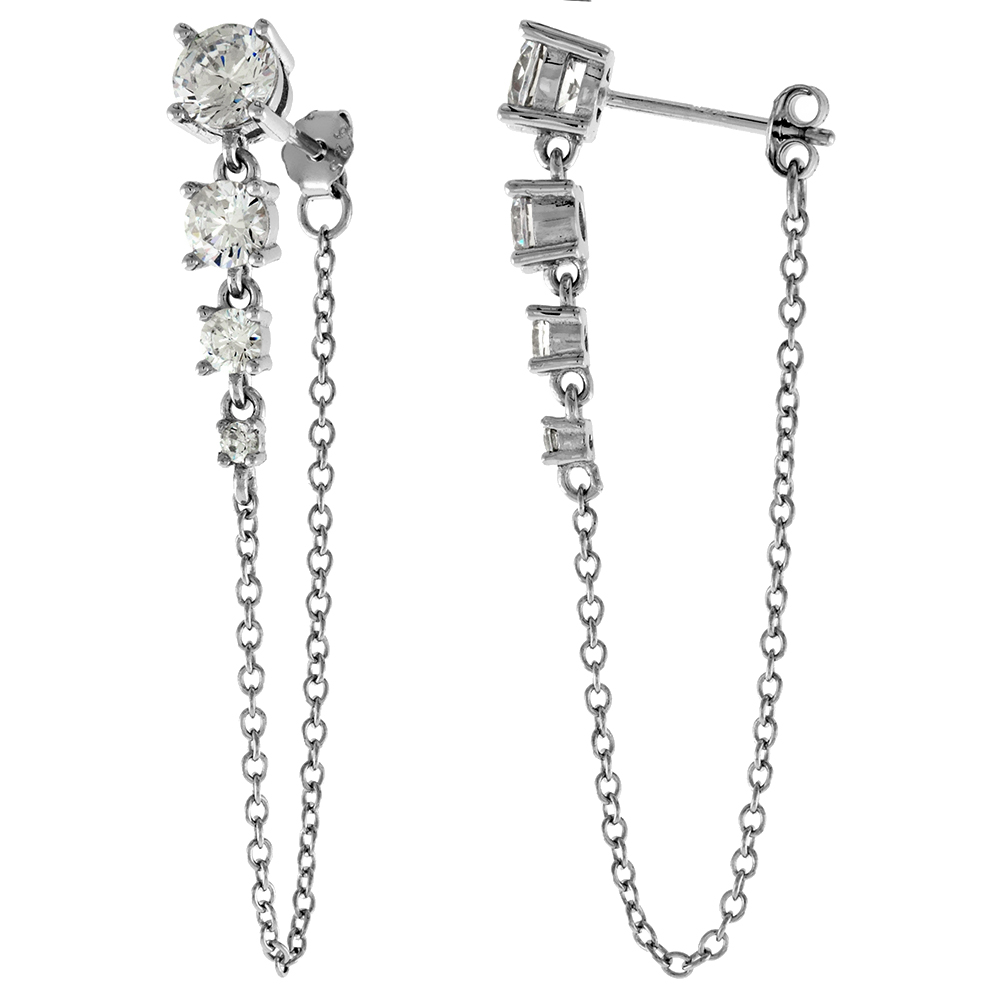 1.75 inch Long Sterling Silver 3-Stone Graduated Dangling CZ Stud Chain Earrings for Women Rhodium Plated