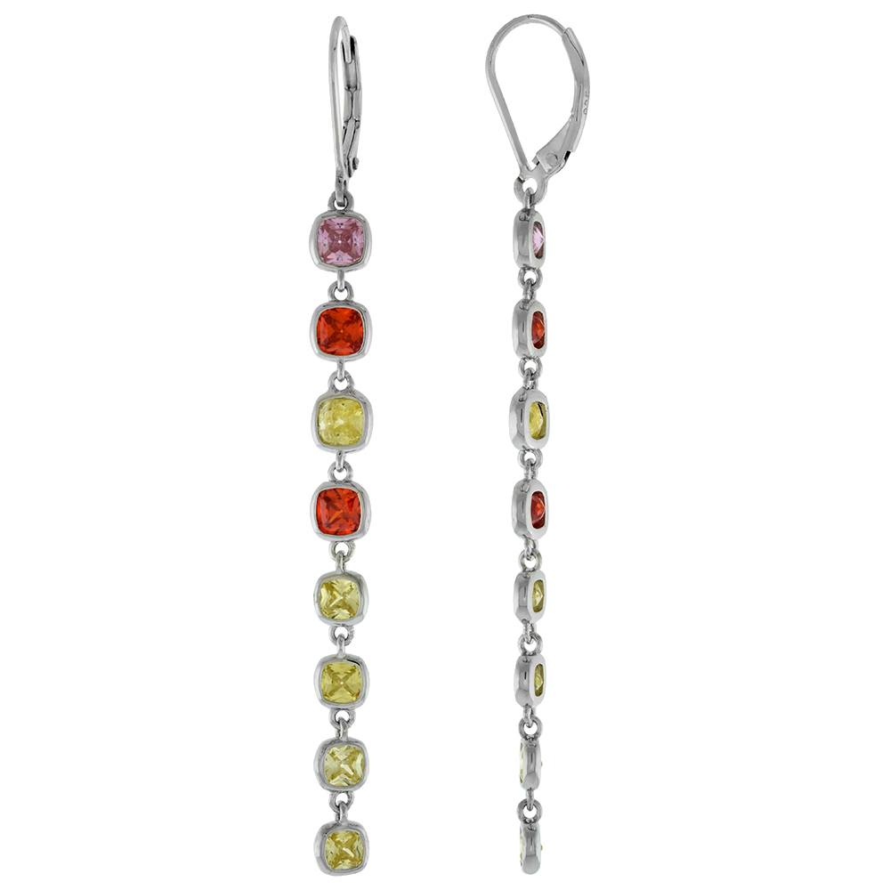 2.25 inch Long Sterling Silver Color CZ Leverback Dangle Earrings for Women 4mm Cushion Cut Purple Red and Yellow Rhodium Finish