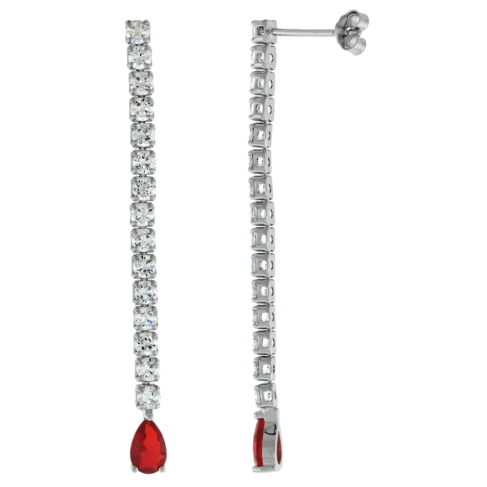 2 inch Long Sterling Silver Red Teardrop CZ Dangle Earrings for Women Rhodium Finish Post Stud Rhodium Finish