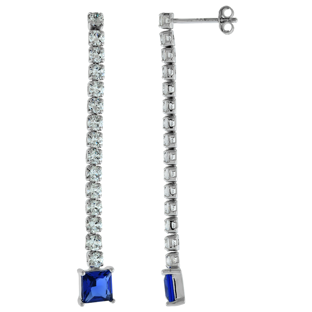2 inch Long Sterling Silver Blue Square CZ Dangle Earrings for Women Rhodium Finish Post Stud Rhodium Finish