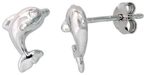 STERLING SILVER JEWELED DOLPHIN POST EARRINGS, W/ CUBIC ZIRCONIA STONES, 3/8" (9 MM)