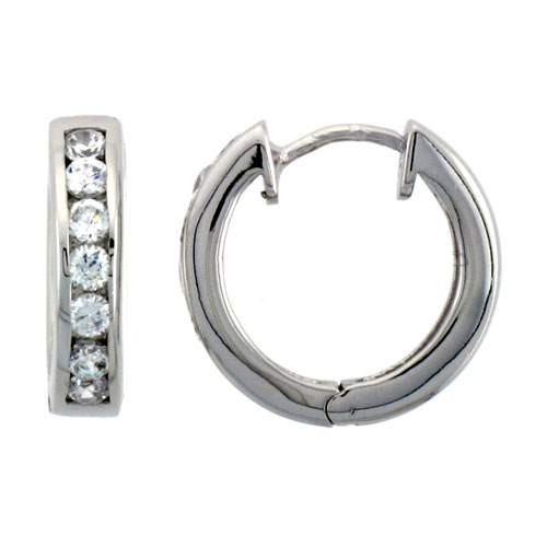 STERLING SILVER HOOP EARRINGS CHANNEL SET CZ, 11/16 IN. 18 MM