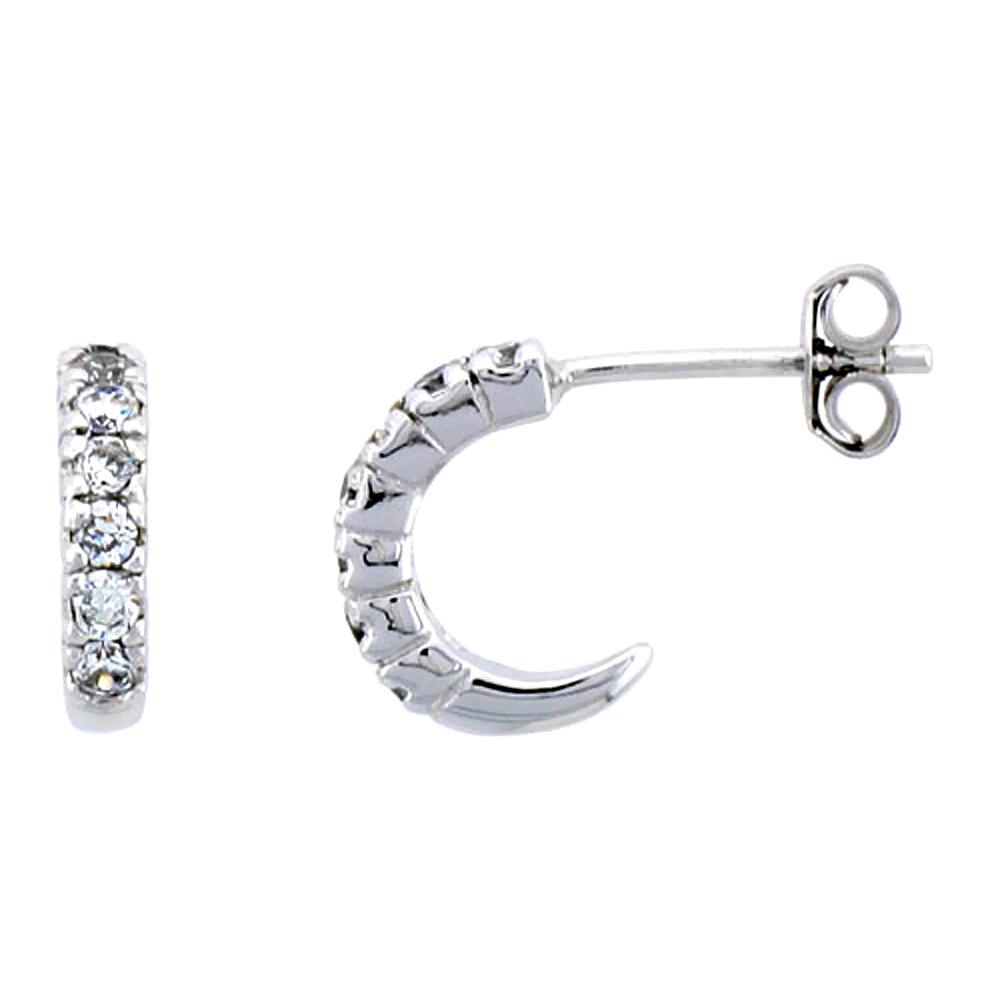STERLING SILVER HALF HOOP EARRINGS W/ BRILLIANT CUT CZ STONES, 1/2" (12 MM) TALL