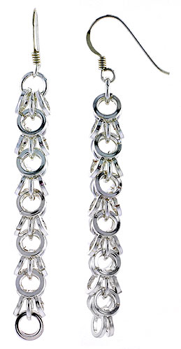 STERLING SILVER SMALL CIRCLES FRENCH EAR WIRE DANGLE EARRINGS, 2 1/2" (63 MM) TALL