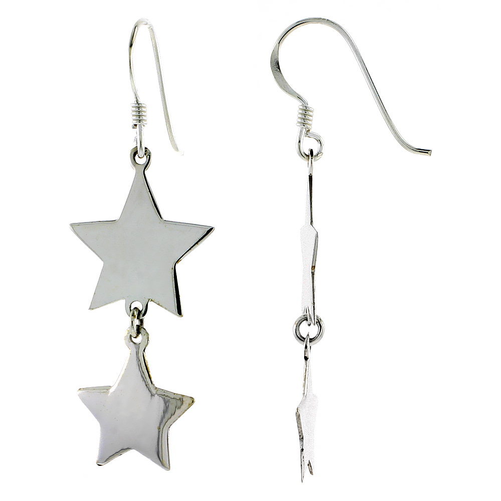 STERLING SILVER DOUBLE STAR FRENCH EAR WIRE DANGLE EARRINGS 1 3/4 INCH (45 MM) TALL