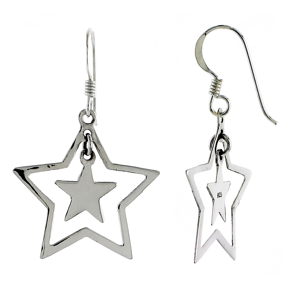 STERLING SILVER DOUBLE STAR FRENCH EAR WIRE DANGLE EARRINGS, 1 1/2" (38 MM) TALL