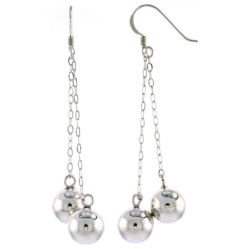 STERLING SILVER DOUBLE BALL FRENCH EAR WIRE DANGLE EARRINGS 2 1/2 INCH (63 MM) TALL