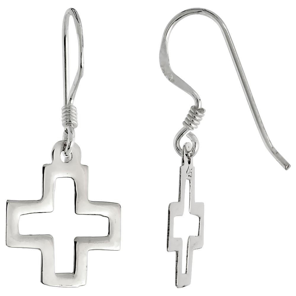 STERLING SILVER CROSS CUT OUT DANGLE EARRINGS 5/8 INCH (15 MM) TALL
