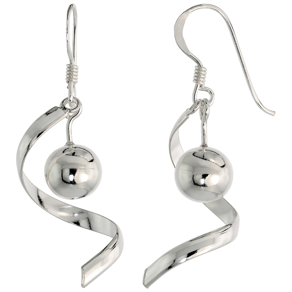 STERLING SILVER SPIRAL DROP W/ 8MM BALL DANGLE EARRINGS, 1" (25 MM) TALL