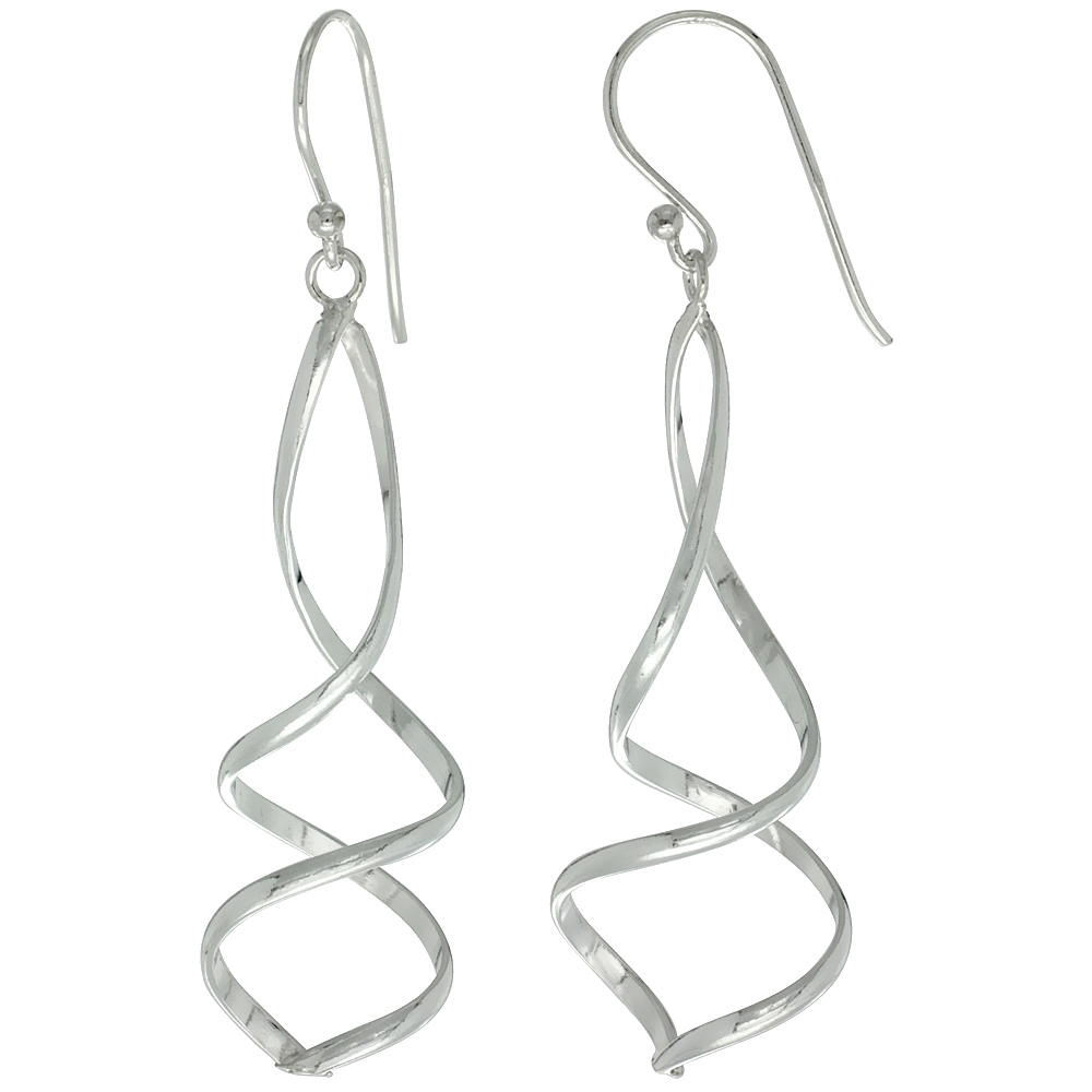STERLING SILVER DOUBLE TWISTED SPIRAL DANGLE EARRINGS, 1 11/16" (42 MM) TALL