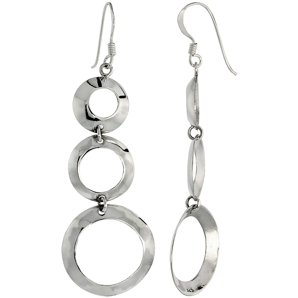 STERLING SILVER GRADUATED CIRCLE CUT OUTS DANGLE EARRINGS 2 1/8 INCH (53 MM) TALL