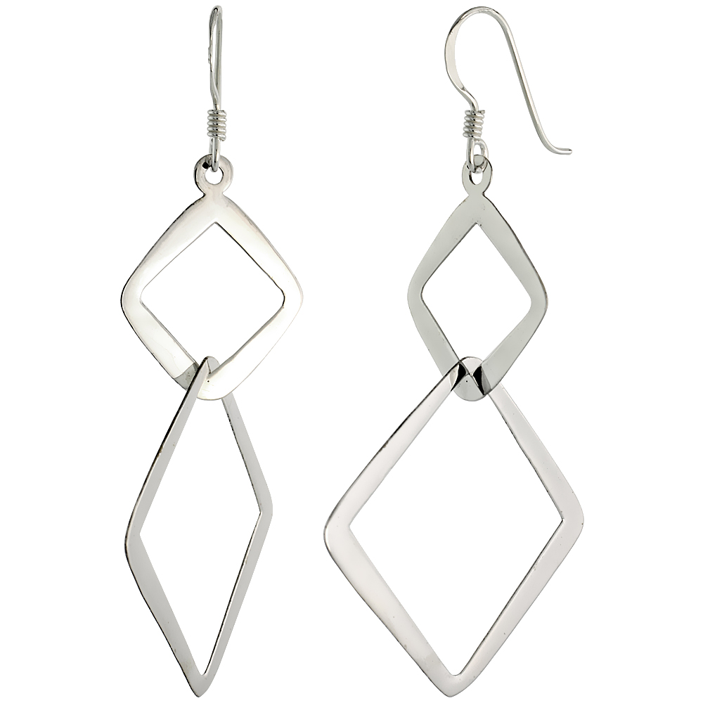 STERLING SILVER DOUBLE DIAMOND CUT OUTS DANGLE EARRINGS 1 3/4 INCH (45 MM) TALL