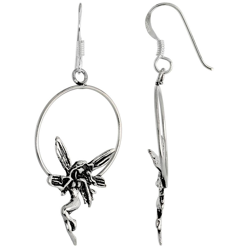 STERLING SILVER FAIRY ON WREATH DANGLE EARRINGS, 1 6/16" (35 MM) TALL