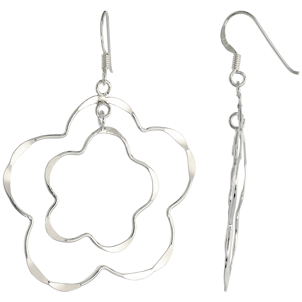 STERLING SILVER DOUBLE FLOWER CUT OUT DANGLE EARRINGS, 1 9/16" (40 MM) TALL