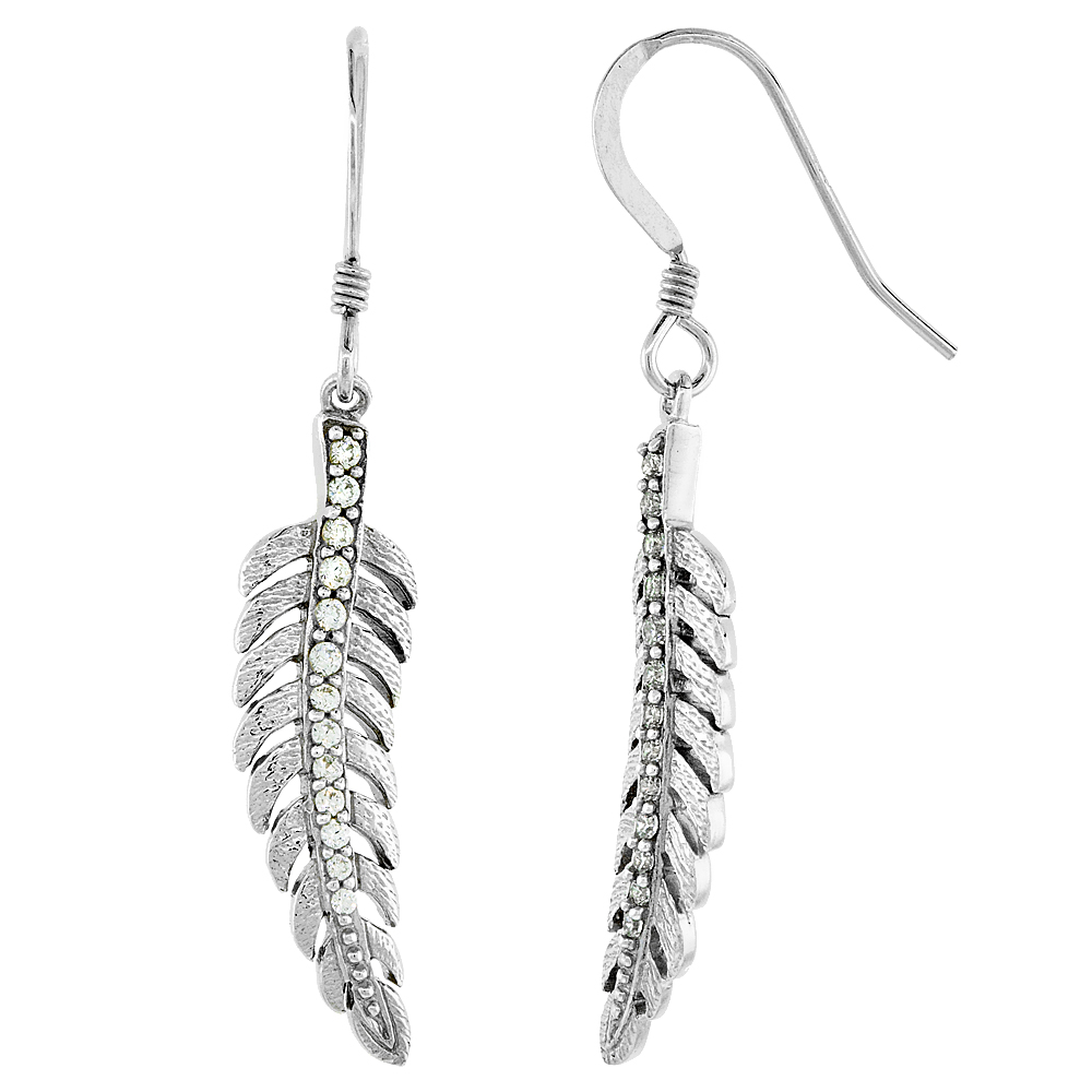 STERLING SILVER CUBIC ZIRCONIA FEATHER FISH HOOK EARRINGS RHODIUM FINISH 1 1/16 INCHES LONG