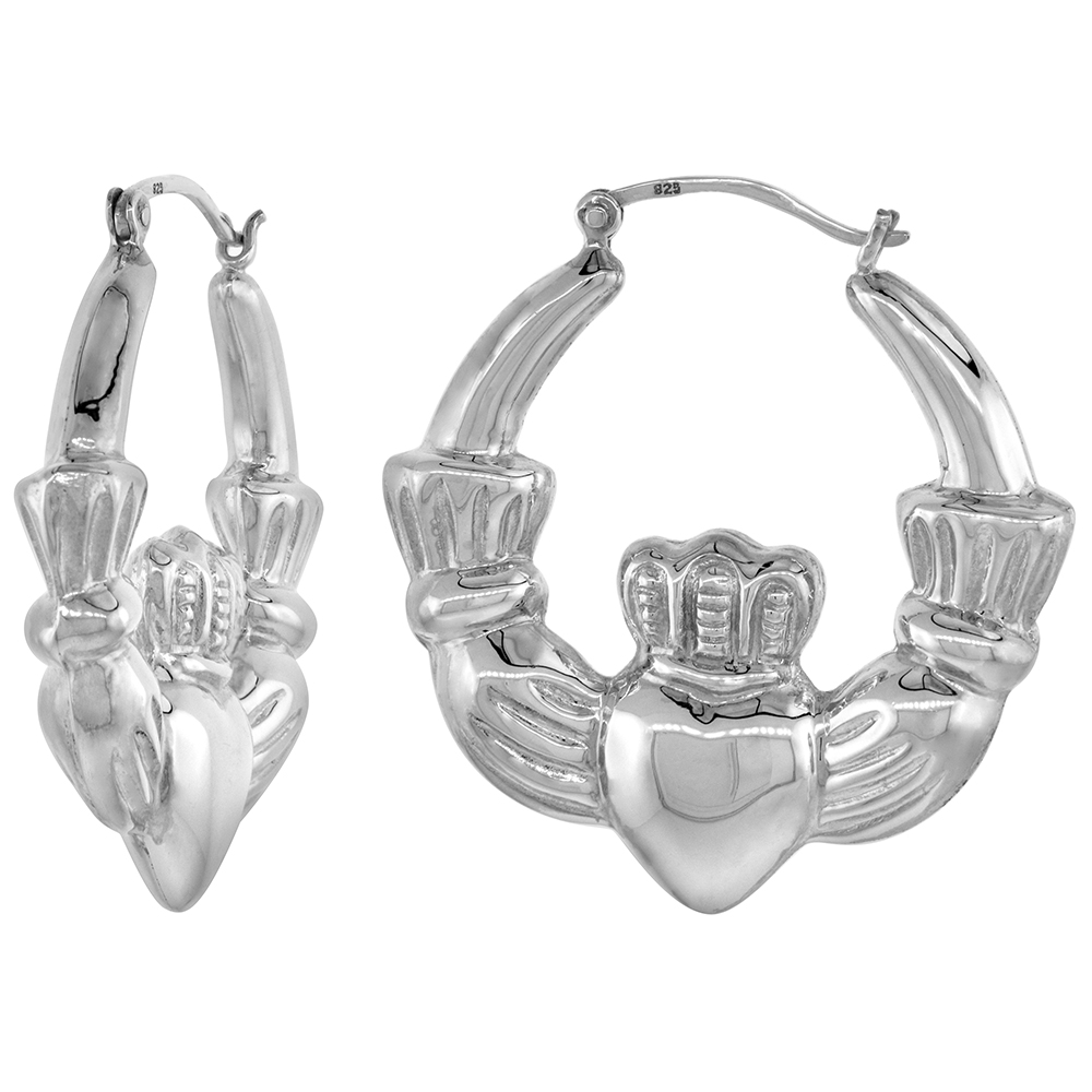 STERLING SILVER LARGE CLADDAGH HOOP EARRINGS FOR WOMEN CLICK TOP HIGH POLISHED 1 1/2 INCH
