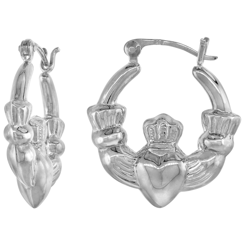 STERLING SILVER SMALL CLADDAGH HOOP EARRINGS FOR WOMEN CLICK TOP HIGH POLISHED 1 INCH