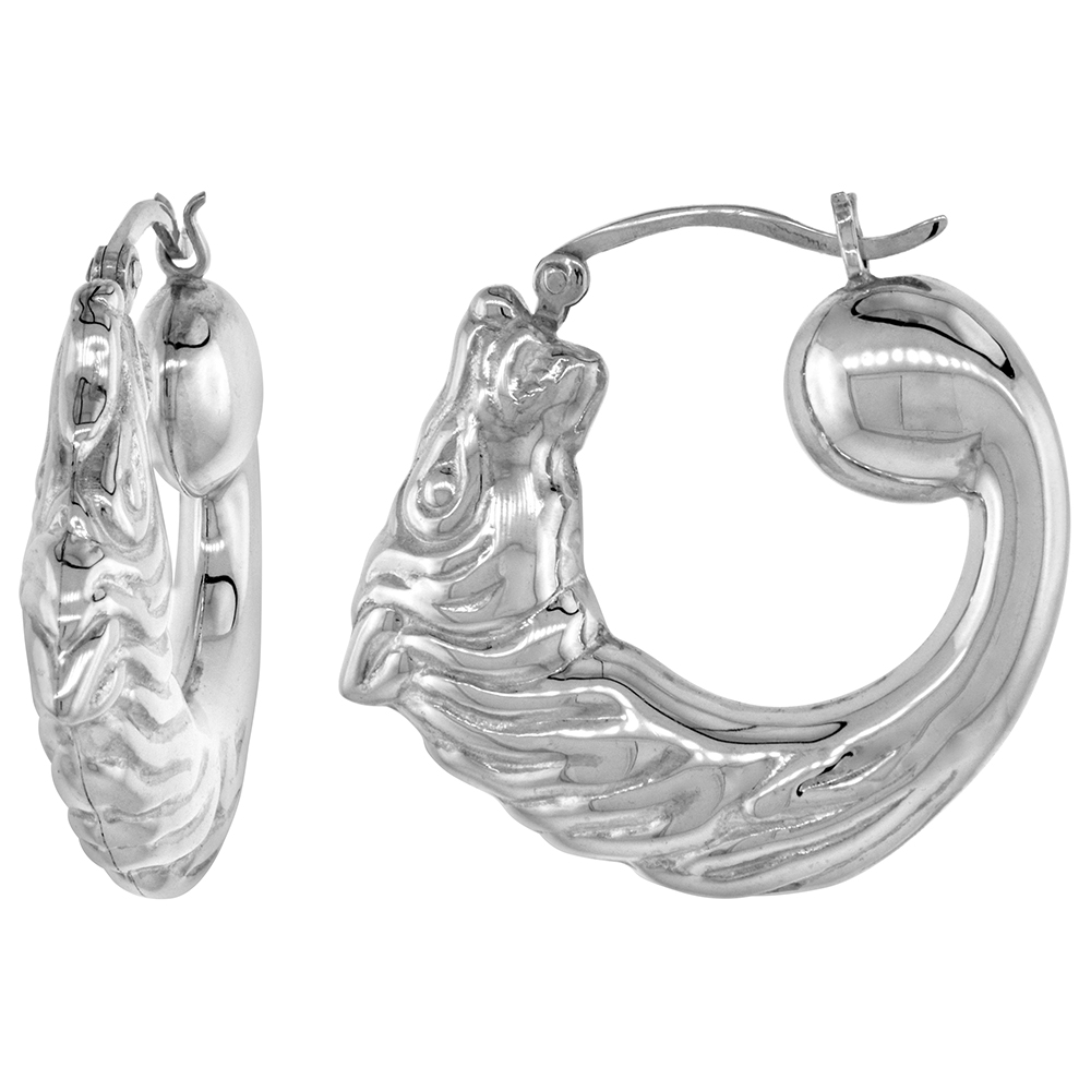 STERLING SILVER MEDIUM HORSE HEAD HOOP EARRINGS FOR WOMEN CLICK TOP HIGH POLISHED 1 1/8 INCH
