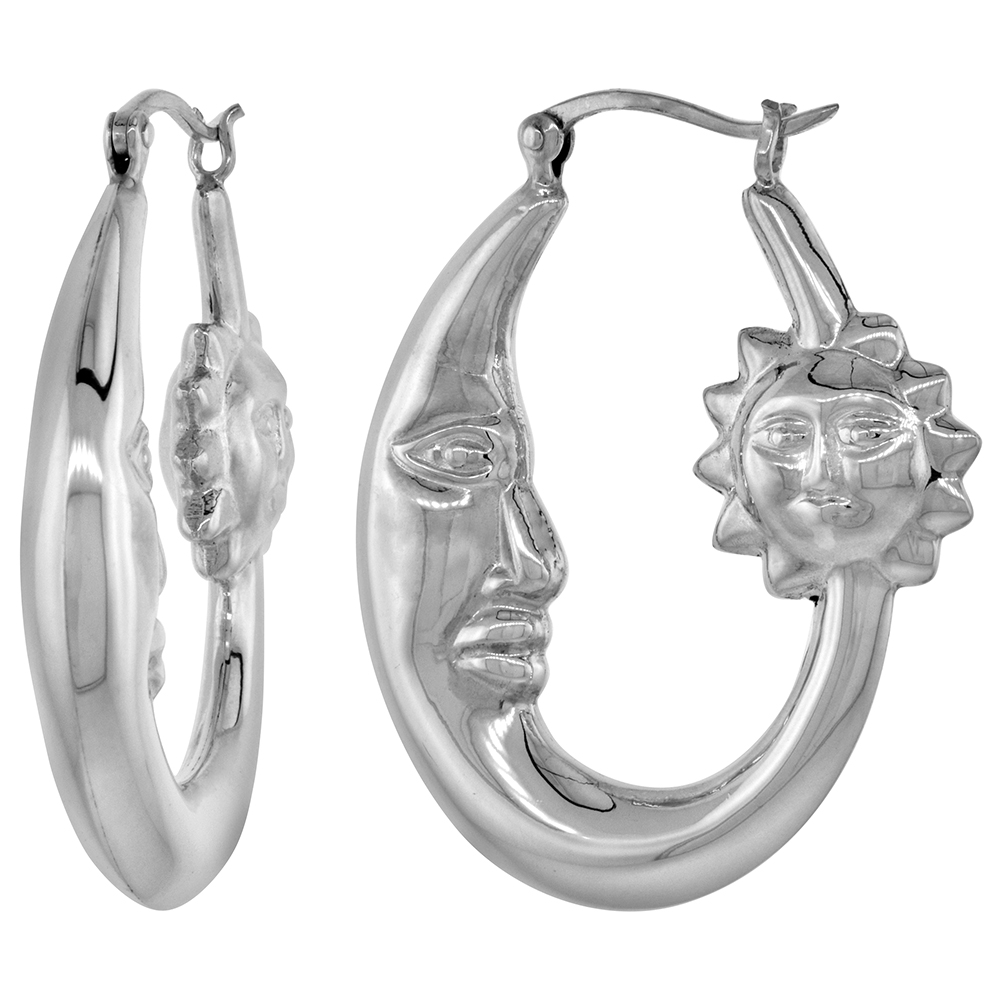 STERLING SILVER LARGE MAN IN THE MOON HOOP EARRINGS FOR WOMEN WITH SUN CLICK TOP HIGH POLISHED 1 3/8 INCH